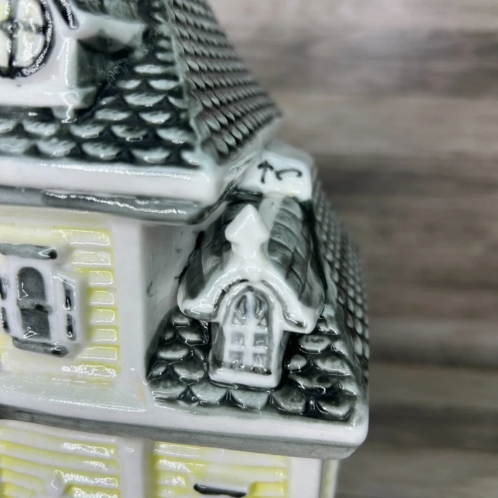 Vintage‎ Victorian House Cookie Jar Yellow Gray Roof Ceramic